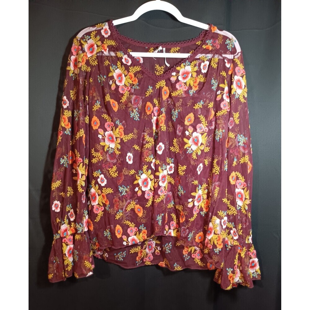 Feather Bone Anthropologie Medium Sheer Floral Flowy Layer Maroon Bell Sleeve